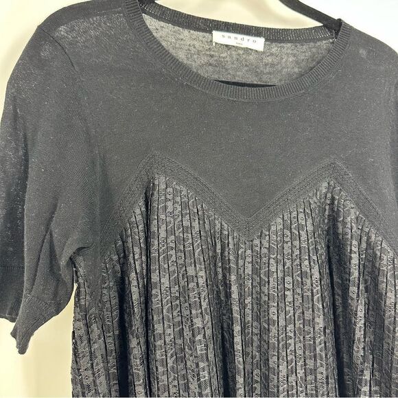 SANDRO Paris Black Linen Blend Lace Pleated Short Sleeve Top L - Picture 4 of 8